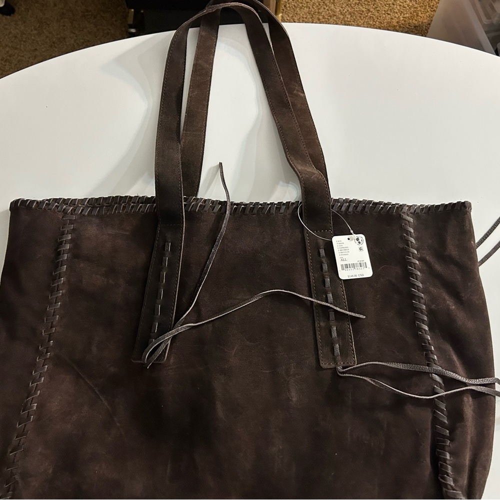 Free People Chocolate Brown Suede Wren Whipstitch Tote NWT SOLD OUT - Picture 4 of 11